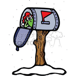 The image is a clipart of a traditional mailbox mounted on a wooden post with snow on the ground around it, indicating a winter or Christmas theme. The mailbox is open, showing a colorful envelope inside, and there is a red flag raised on the side of the mailbox. The mailbox door has a small holiday-themed wreath with a red bow attached to it.