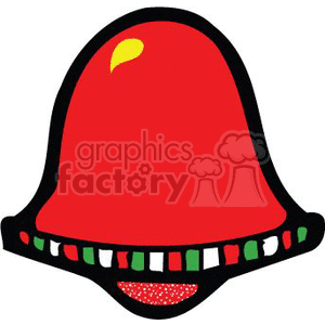 The image is a clipart of a red Christmas bell with decorative elements. The bell features a yellow highlight suggesting a light reflection, a green and white pattern around the bottom rim, and what appears to be a red textured pattern at the bottom inside part, possibly implying a clapper or decoration inside the bell.