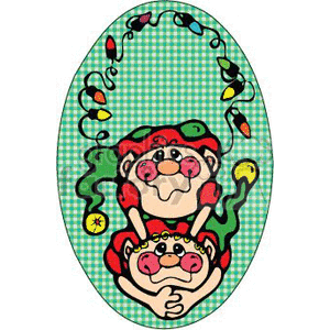 The clipart image features an oval-shaped frame with a checkered teal and white border. Inside the frame, there are two cartoonish elf characters. The elves appear stacked, one above the other in a comical, playful pose. They are both wearing red hats with a white brim and a holly leaf ornament. The elves are smiling and surrounded by a string of colorful Christmas lights, which adds a festive holiday touch.