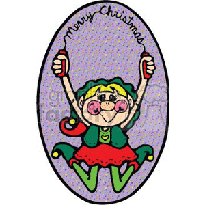 The clipart image features a cartoon-style depiction of a joyful elf with rosy cheeks jumping rope. The elf is wearing traditional Christmas colors, with a green outfit and red accents. Above the elf is the phrase Merry Christmas in a festive font. The background is decorated with a pattern of fine dots and the image is framed by an oval shape.