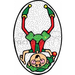 The clipart image depicts an upside-down elf wearing a Christmas-themed costume. The elf's legs are in the air, with festive jester-like shoes that have bells on the tips. The elf appears to be in a playful pose against a snowflake-speckled background, which is encircled by an oval border.