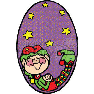 This clipart image depicts a cute, cartoon-style sleeping elf wearing a festive Christmas elf hat with a star on it. The elf appears to be content and is set against a backdrop of a night sky filled with stars within an oval shape that might suggest a window or a decorative frame. The image features a playful and whimsical design that encapsulates the holiday spirit.