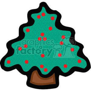 The clipart image depicts a stylized representation of a Christmas tree. The tree is green with a scattered pattern of red ornaments and a brown base, presumably signifying a tree stand or pot.