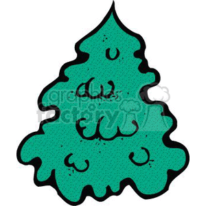 The image depicts a simple, stylized, undecorated green Christmas tree. The tree appears to have a textured look with darker green speckles and curved lines that suggest branches or patterns on its surface.