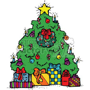 The clipart image depicts a decorated Christmas tree with a yellow star on top and a variety of ornaments such as baubles, candy canes, and a red wreath. Surrounding the base of the tree, there are several colorfully wrapped gifts with ribbons and bows.