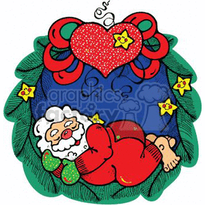 The clipart image features a holiday-themed wreath adorned with decorations. At the center of the wreath is a cartoon image of Santa Claus sleeping. The wreath is green, suggesting it is made of evergreen branches, which is traditional for Christmas wreaths. There's a large red bow at the top of the wreath with a prominent red heart with yellow stars around it. It appears to be a very festive and light-hearted depiction suitable for the holiday season.