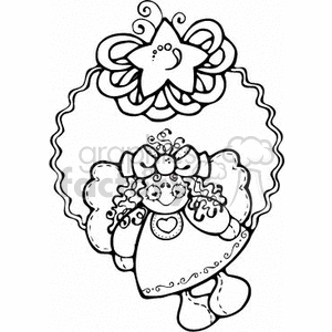 The image is a black and white clipart that features a Christmas-themed design. It depicts an angel with wings and a halo, standing beneath a holiday wreath. The wreath has a decorative bow and appears to have a bell in its center. The angel is adorned with various patterns and is holding what might be a small flower or ornament.