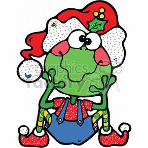 The clipart image features a whimsical Christmas elf with a distinctly funny and exaggerated expression. The elf is wearing a Santa hat adorned with a holly berry, has big, googly eyes, and a large, round nose. The elf's ears are pointy, in typical elf fashion. It's also wearing striped leggings, elf shoes with curled toes, and a patterned garment. It seems to be sitting with its hands on its cheeks, giving off a playful and surprised look.