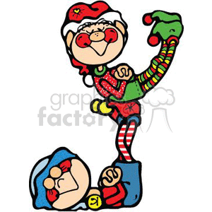 This clipart image features two cheerful elves in Christmas attire. The elves are adorned with festive clothing, one standing with a playful expression and raised arm, while the other is lying down with a similar jovial expression. They are both wearing pointed elf hats with a jingle bell, and their outfits are decorated with holiday motifs like stars and stripes.