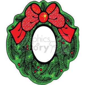 The image displays a festive Christmas wreath adorned with a red bow on top, featuring sparkles and holly berries scattered throughout its greenery.