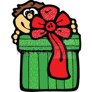 The clipart image depicts a cartoon-style gift or present. It is wrapped in green with a pattern of what appears to be tiny specks or sparkles and is adorned with a large red bow with polka dots. There is also a cartoon figure peeking over the top of the gift, suggesting a playful or curious character involved with the gift.