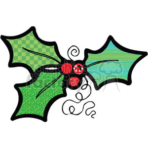 The image depicts a stylized representation of holly leaves and berries, which are commonly associated with Christmas decor. The illustration shows three green leaves with different patterns and two red berries. The lines and patterns are quite playful and cartoonish.