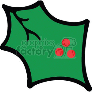 The clipart image depicts a single green holly leaf with four red berries, commonly associated with Christmas and holiday decorations.