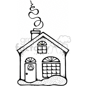 The image is a black and white outline clipart of a decorated house or cabin, typically associated with Christmas or holiday themes. The house features a chimney with smoke spiraling out, indicating a fire inside. The home's windows appear to be adorned with festive decorations, possibly wreaths, and the ground is covered with what looks like snow, reinforcing the winter holiday atmosphere. It's a simple, stylized representation suitable for coloring, crafting, or holiday-themed designs.
