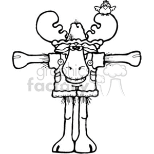 The clipart image features a whimsical line drawing of a moose with exaggerated features. The moose has large antlers, a prominent nose, and is wearing a Christmas-themed garment around the neck. Additionally, there's a small bird perched on one of the moose's antlers.