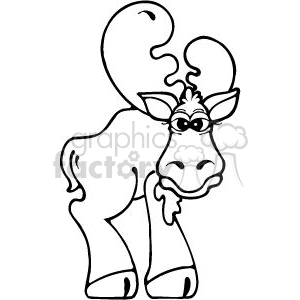 The image is a simple black and white line drawing of a cartoon moose. The moose appears to be standing and has a friendly expression with a slight smile. Its antlers are large and prominently displayed.