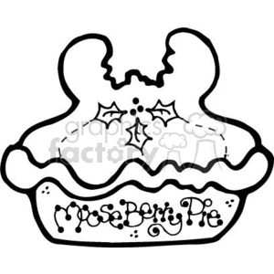 The clipart image displays a stylized pie with the words Moose Berry Pie written along its base, suggesting this is a label or decorative design for a specific type of pie. The pie has a fluted edge and is topped with a holly embellishment, which can be associated with the Christmas holiday. The pie crust is designed to look like the silhouette of a moose's head, complete with antlers.