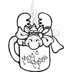 The image shows a black and white line art of a cute moose with antlers, peeking out from inside a steaming hot beverage mug. The mug has the phrase hug a moose written on its side, and the moose appears to be wearing glasses and has a content smile.