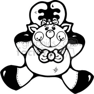 The clipart image depicts a stylized, cartoon-like reindeer. The reindeer is shown with a large, round nose; big, wide eyes; and antlers decorated with a bow. The reindeer appears to be sitting down and is holding a small snowflake in one of its hooves. This image is in black and white, making it suitable for coloring activities.