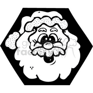 This clipart image shows a stylized black and white illustration of Santa Claus' face. You can see his iconic features such as a fluffy beard, mustache, and a friendly face with a button nose and eyes that are crinkled in what could be a jolly expression.