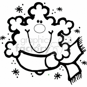 This clipart image features a cheerful snowflake character surrounded by smaller snowflakes. The snowflake character has a cartoonish face with a smile and is wearing a scarf, suggesting a wintry and festive theme related to Christmas and cold weather.