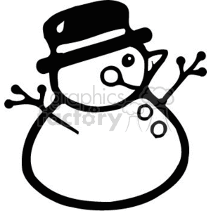 This clipart image depicts a snowman associated with the winter holiday season. The snowman features typical details such as stick arms, a carrot for a nose, and buttons down its front. It also wears a hat, which is commonly added to snowmen to give them a festive and cheerful appearance.