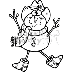 This clipart image features a whimsical, cartoon-style snowman. The snowman is stylized with twig arms raised joyfully, eyes closed with a classic carrot nose, and is wearing a winter beanie, scarf, and boots. It appears to be in a cheerful pose, possibly dancing.