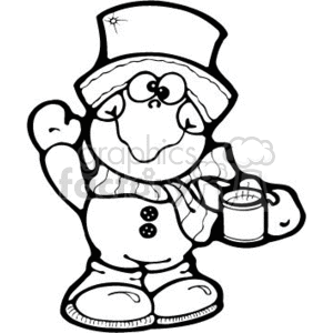 The clipart image depicts a cartoon snowman. It features a snowman wearing a top hat, with a friendly face and a carrot nose. The snowman has button details on its front, is wearing boots, and holding a bucket in one hand, waving hello with the other hand. This is a black and white image, typically used for coloring activities, festive decorations, or seasonal illustrations.