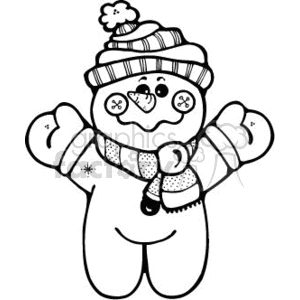 The image shows a black and white line art drawing of a cheerful snowman. The snowman is wearing a winter hat with a pom-pom on top and a scarf wrapped around its neck. It features a carrot nose, button eyes, a smile, and stick arms raised in a welcoming or cheerful gesture.