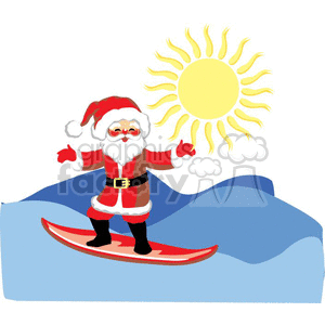 This image depicts Santa Claus surfing on a wave under a bright sun. He is dressed in his classic red and white Santa outfit with a hat, and he stands on a red surfboard. The setting suggests a tropical holiday theme with a Christmas twist.