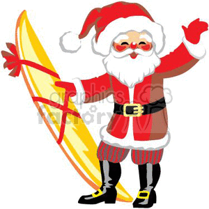 In this clipart image, we see a cartoon depiction of Santa Claus dressed in his traditional red and white outfit, complete with a Santa hat, and black belt and boots. He’s also holding a yellow surfboard, indicating a blend of Christmas themes with a tropical, surfing motif. Santa appears cheerful and is waving.
