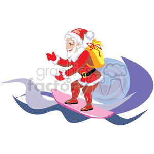 The clipart image depicts a whimsical rendition of Santa Claus surfing on a wave. Santa is dressed in his iconic red-and-white outfit, complete with a Santa hat, but with a tropical twist: he is wearing shorts and no shirt. He appears to be balancing on a pink surfboard and is carrying a yellow sack presumably filled with presents on his back. Santa is shown with a cheerful expression on his face, emphasizing the festive and fun nature of the holidays even in a tropical setting.