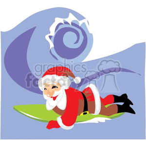 This clipart image features a whimsical scene with Santa Claus engaging in a tropical holiday-themed activity. The image shows Santa Claus surfing on a green surfboard, wearing his traditional red and white hat and suit with boots. Behind him, there is a large curling wave that indicates he is in the ocean, surfing. The background is styled in various shades of blue, illustrating the sky and the sea. Santa has a cheerful expression on his face, enhancing the festive and playful nature of the clip.