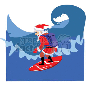 In this clipart image, there is a character depicted as Santa Claus surfing on a red surfboard. He is wearing his traditional red and white suit, complete with the Santa hat, while carrying a sack on his back. He is surfing on a large blue wave that curls at the top, symbolizing tropical holiday fun.