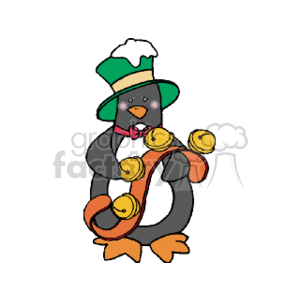 The image shows a cartoon of a penguin dressed in holiday attire. The penguin is wearing a top hat with a holly decoration and a ribbon, a bowtie, and a long scarf adorned with bell-like decorations. The penguin has a cheerful expression with its wings slightly spread out.