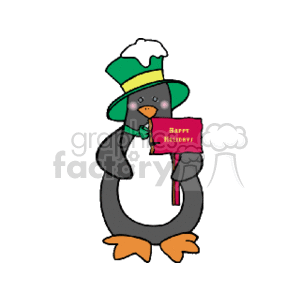 The image depicts a cartoon penguin dressed in holiday attire, wearing a green hat with a yellow band and a green scarf with red stripes. The penguin is holding a pink card that reads Warm Holidays.