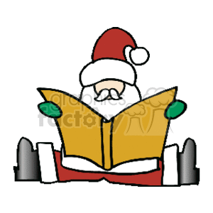 The clipart image shows Santa Claus wearing his traditional red hat with a white pompom, reading a large open book. Only Santa's eyes and the upper part of his white-bearded face are visible above the book. It seems he's sitting down as only the top of his torso is shown, with the rest presumably obscured by the book. The book has a golden cover