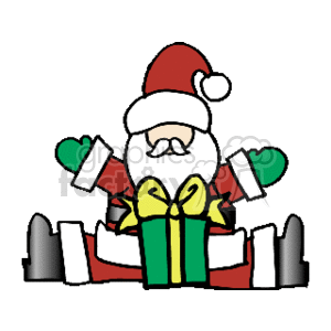 The image is a simple clipart illustration featuring Santa Claus. Santa is depicted with his trademark red and white suit, wearing a Santa hat, and a white mustache and beard. He is holding a green gift wrapped with a yellow ribbon and appears to be behind a partial white fence or border. Santa is also wearing green mittens.