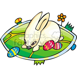 Cream colored bunny looking at Easter eggs