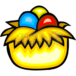 The image is a clipart depicting a nest or bowl with a textured, glowing gold exterior holding three Easter eggs. The eggs are decorated in bright colors: one is blue, another is red, and the last one is yellow. 