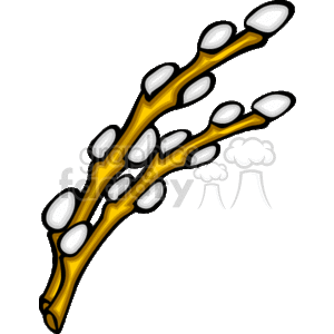 The clipart image depicts a stylized branch with fluffy white buds, which are reminiscent of a pussy willow branch, often associated with springtime and Easter.
