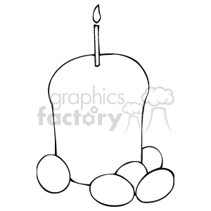 The clipart image depicts a large easter cake with a lit candle at the top and several oval shapes that resemble eggs clustered at the base of the candle. These elements are commonly associated with Easter and represent the Easter candle and Easter eggs.