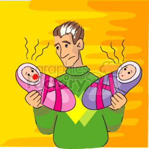 This clipart image features a father holding two swaddled babies, one in each arm. He has a surprised or slightly overwhelmed expression on his face. The babies appear to be crying or screaming. The background is a gradient of warm colors which suggests a hectic or energetic environment. 