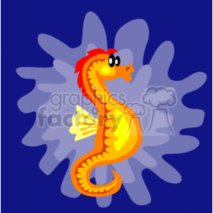 The clipart image depicts a cheerful orange seahorse with a red tuft, big eyes, and a smiling face. The seahorse is set against a blue background with a lighter blue floral-like pattern.