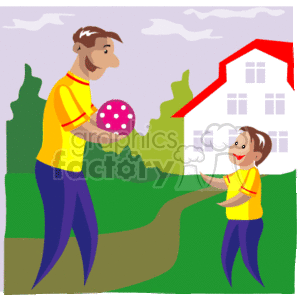 This clipart image depicts a father and son playing ball together outside. The father is holding a spotted ball, ready to throw or pass it, while the son looks on with his hands open, eager to catch it. They are both wearing matching yellow shirts and appear cheerful and engaged in the activity. The background features a house and trees, suggesting a suburban or residential setting.
