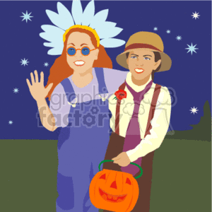 This clipart image features two children in Halloween costumes against a night sky dotted with stars. One child appears to be dressed as a flower or possibly a native Indian, with petals or feathers around their head, and is waving. The other child is wearing a hat and vest, suggesting a more vintage or possibly farmer-like costume. They are holding a jack-o'-lantern candy bucket commonly used for trick-or-treating.