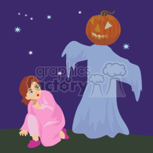The clipart image depicts a Halloween theme with a figure dressed as a ghost with a pumpkin head, standing under a starry night sky. The ghost costume is blue, with ragged edges to mimic the ethereal quality of a spectral presence. The pumpkin head features carved eyes and a menacing smile, common for a jack-o'-lantern. In front of the ghostly figure, there's a child sitting on the ground, wearing a pink blanket or costume, looking up with a surprised or shocked expression. The background is a dark purple, evoking a nocturnal Halloween setting.