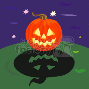The clipart image depicts a large carved pumpkin with a glowing face, often known as a jack-o'-lantern, on a dusky background suggestive of Halloween night. The pumpkin is set against a starry night sky, and it casts a prominent shadow on the ground that mimics its eerie, carved facial features. The setting is an outdoor scene with a green surface beneath the pumpkin that could be interpreted as a grassy area. This image illustrates the classic Halloween theme and is suitable for holiday decoration, design elements, or themed content.