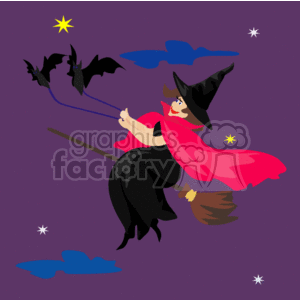 The clipart image depicts a scene associated with Halloween. It features a witch in black and red attire, riding on a broomstick with a smile on her face. She appears to be in mid-flight against a night sky, with a few yellow stars scattered around her. Additionally, there are several bats flying ahead of the witch, connected by a leash-like line, adding to the Halloween theme. Some clouds are also present in the background.