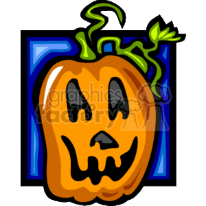 The image appears to be a colorful clipart illustration of a carved Halloween pumpkin, also known as a jack-o'-lantern. The pumpkin has a smiling face with triangular eyes and a mouth with missing teeth. It has a green stem with a vine and leaf indicating its freshness.